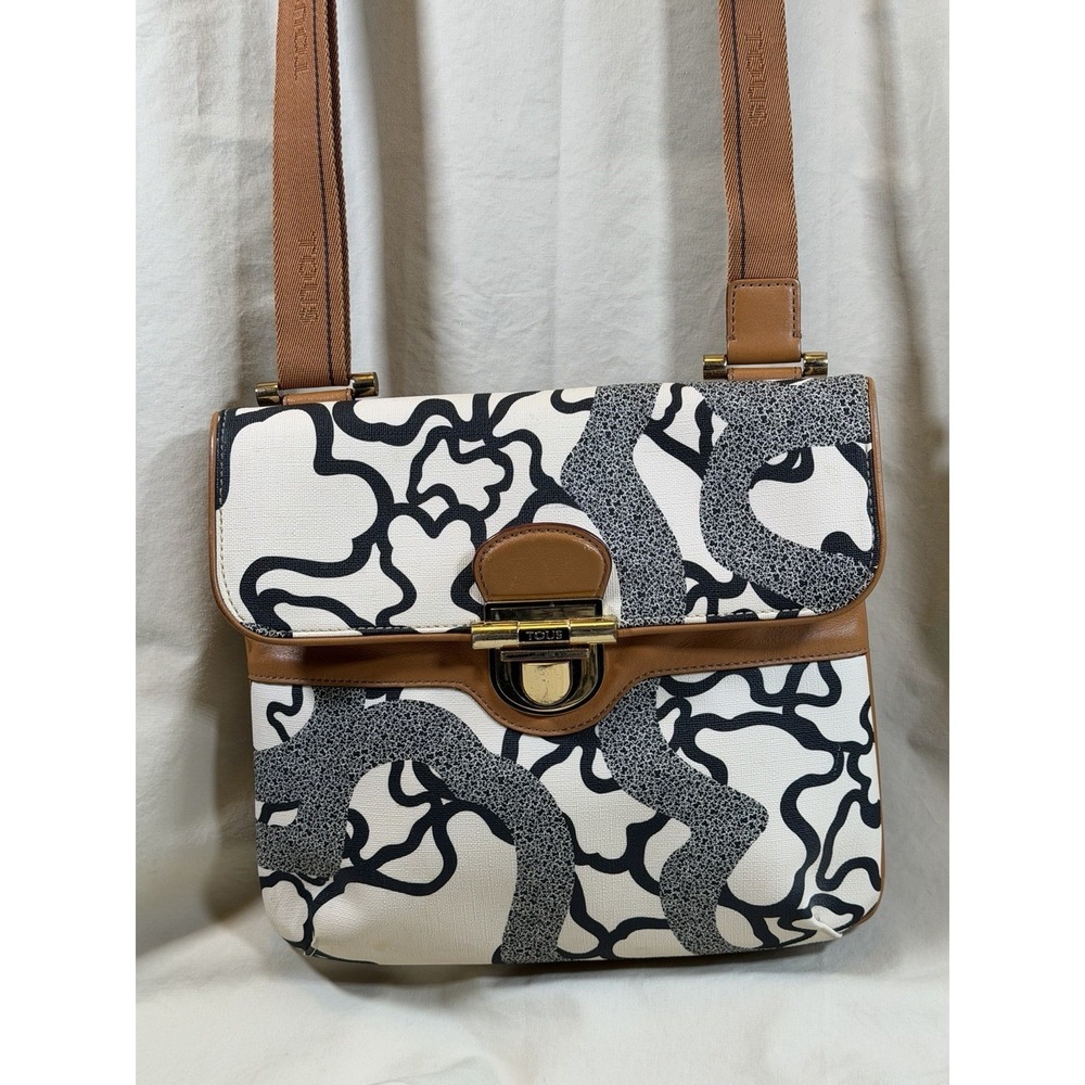 Tous Kaos Bear Crossbody Bag Black Cream Grey Camel Faux Leather Abstract *Read*